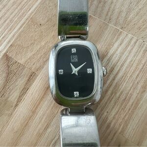 Esq by Movado ladies black dial silver tone dress watch NEW BATTERY